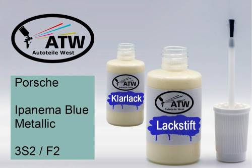 Porsche, Ipanema Blue Metallic, 3S2 / F2: 20ml Lackstift + 20ml Klarlack - Set, von ATW Autoteile West.